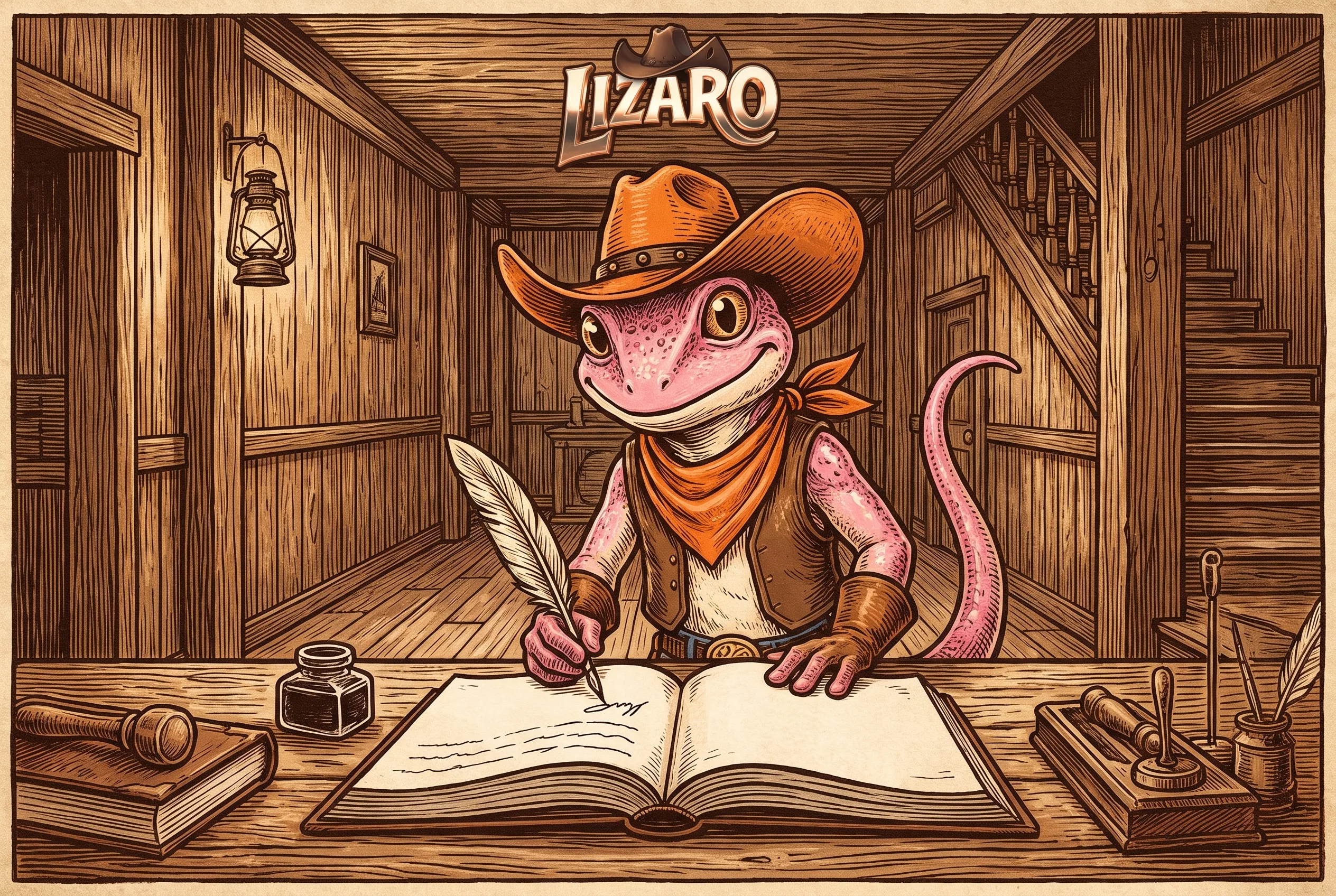 Ještěrka Lizaro zapisující údaje do knihy